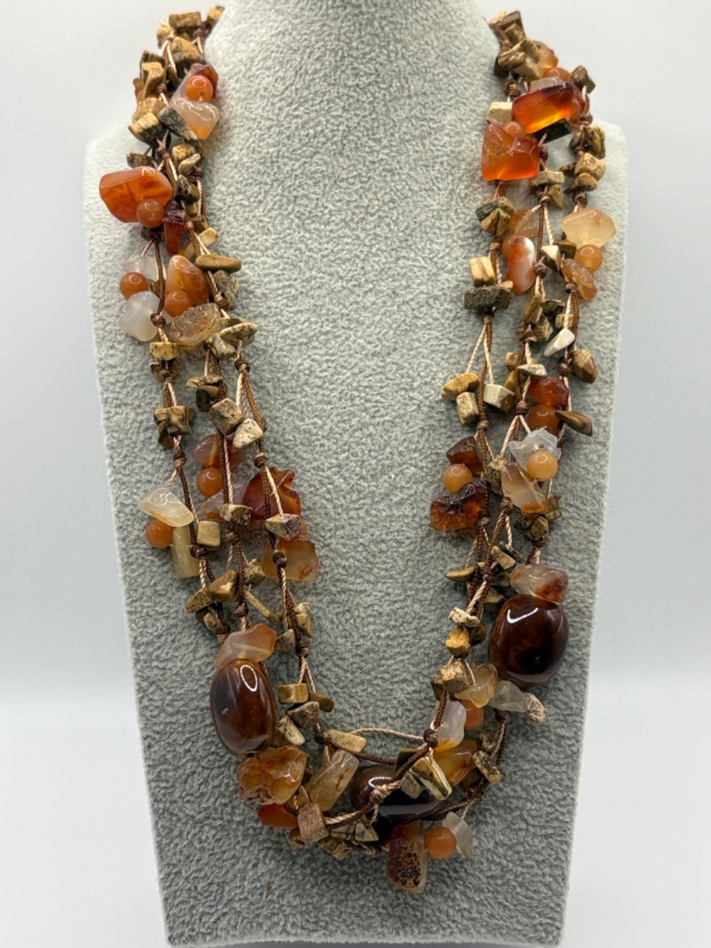 Multi-Strand Quartz Necklace in Warm Brown and Orange 20-22”